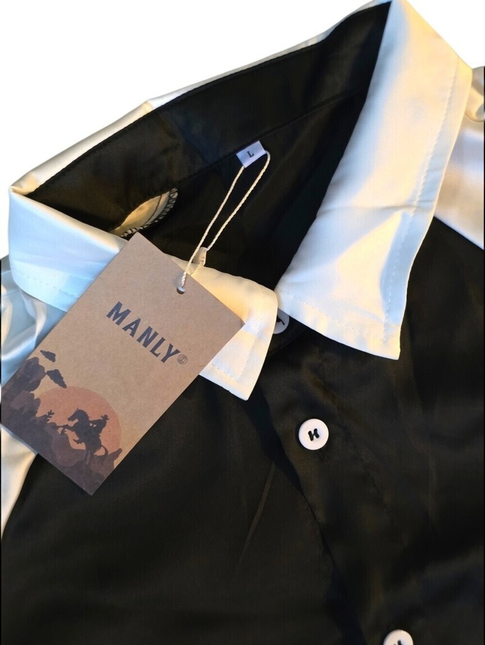 NWT MANLY Color Block Bowling Shirt Large Black White Button Up Retro Shirt - Picture 3 of 10